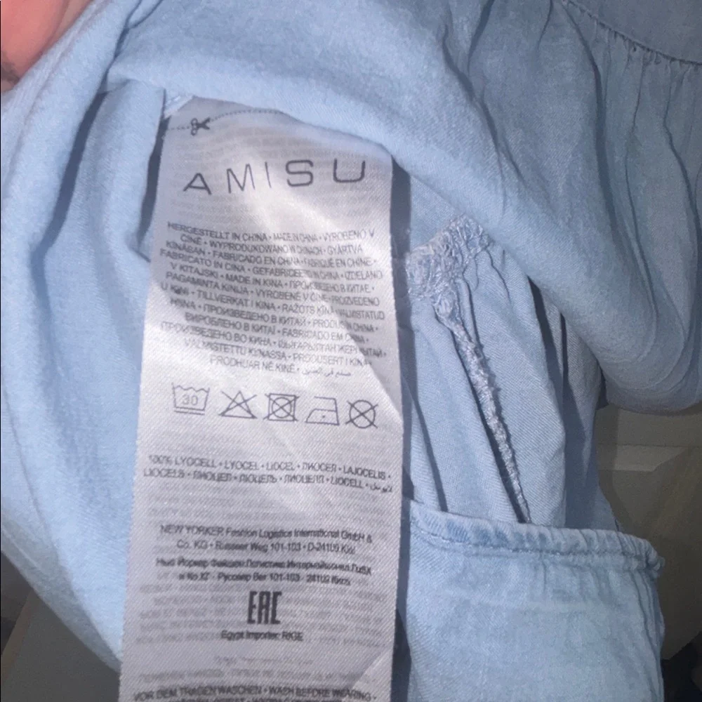 AMISU LIGHT BLUE DENIM DRESS TWO TIERED V NECK 3/4β BELL SLEEVES BOTTOM RUFFLE - Picture 13 of 16